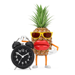 Poster - fun cartoon fashion hipster cut pineapple person character mascot with with alarm clock. 3d renderin