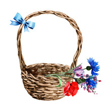 Wicker Basket With A Spring Bouquet Of Wild Flowers Carnations, Red Poppies, Blue Cornflowers. Hand-drawn Watercolor For The Design Of Cards, Invitations, Banner, Print, Background, Decor.