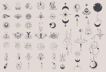 mystical elements in a fine line. magical contour icons magic and witchcraft, witchy esoteric alchem