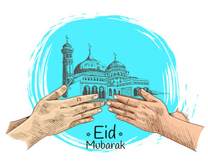 Wall Mural - colorful hand forgive, mosque hand drawing isolated on white background blue brush