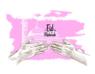 Wall Mural - hand forgive hand, mosque drawing isolated on white background pink brush