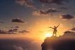© kieferpix - Strong man on a mountain with farms raised up into the sky. Determination and finding strength, reaching your life goals  concept.