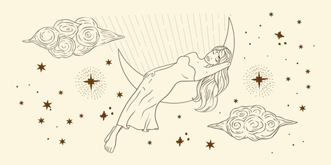 Wall Mural - Astrology sleeping woman celestial sacred boho lady line art. Sky cloud and star card.