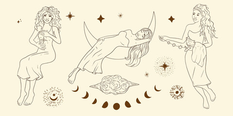 Wall Mural - Astrology woman celestial sacred boho lady line art. Feminine vintage illustration