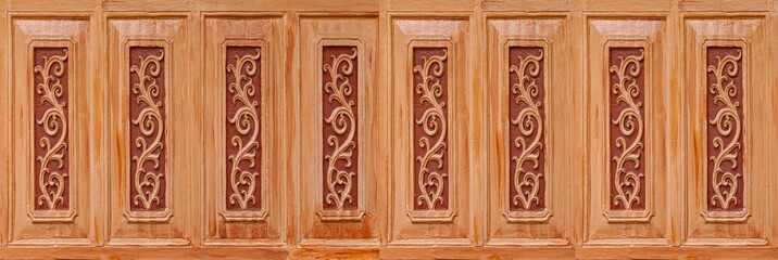 Wall Mural - Panorama of Brown carved wooden house wall pattern and background seamless