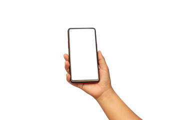Wall Mural - The hand is holding the white screen, the mobile phone is isolated on a white background with the clipping path.