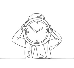 Poster - single continuous line drawing young business man holding giant analog clock in front his head. mini