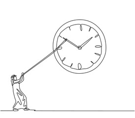 Poster - Continuous one line drawing young Arab male worker pulling clockwise big analog wall clock with rope. Time management business minimalist concept. Single line draw design vector graphic illustration.