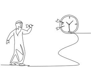 Poster - Single continuous line drawing young Arab business man hit the analog clock on wall with dart arrow. Focus target business metaphor concept. Dynamic one line draw graphic design vector illustration.