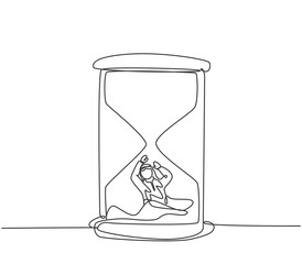 Poster - Single one line drawing of young Arabian business man buried inside sandglass asking for help. Minimalism metaphor business deadline concept. Continuous line draw design graphic vector illustration.