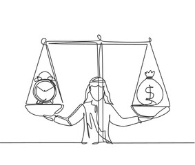 Poster - Single one line drawing of young Arabian business man weight money bag and clock with scale. Minimalism metaphor business deadline concept.  Continuous line draw design graphic vector illustration.