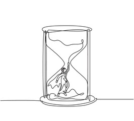 Poster - Continuous one line drawing young Arab male worker with wing flying to get out from hourglass. Minimalism metaphor business deadline concept. Single line draw design vector graphic illustration.