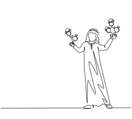 Poster - Continuous one line drawing young Arab male worker juggling alarm analog clock with his hand. Business time discipline metaphor concept. Single line draw design vector graphic illustration.