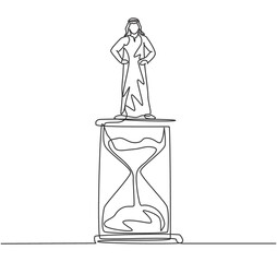 Poster - Single continuous line drawing young Arab business man standing above hourglass. Sandglass to show time management business minimalist concept. Dynamic one line draw graphic design vector illustration