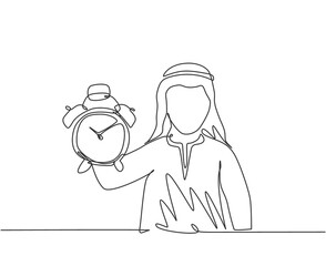 Poster - Single continuous line drawing young Arab business man holding analog alarm clock with his hand. Time management business minimalist concept. Dynamic one line draw graphic design vector illustration.