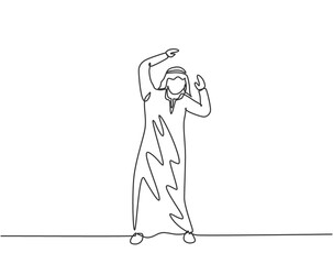 Poster - Continuous one line drawing young Arab male worker raise hands when doing business presentation. Speaker at business conference minimalist concept. Single line draw design vector graphic illustration