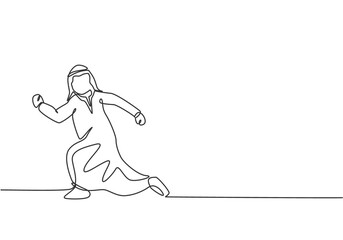 Poster - Single one line drawing of young Arabian business man running chased by work deadline. Business time discipline urgency metaphor concept. Modern continuous line draw design graphic vector illustration