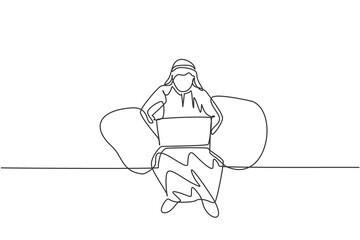 Poster - Continuous one line drawing young Arab male worker sitting on sofa while typing business proposal on laptop. Manager preparing work concept. Single line draw design vector graphic illustration.