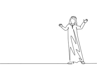 Poster - Single continuous line drawing young Arab business man doing business presentation at office. Speaker at business conference minimalist concept. One line draw graphic design vector illustration.