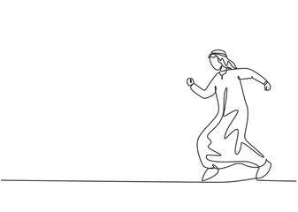 Poster - Continuous one line drawing young Arab male worker walking on the street to go to his office. Business time discipline metaphor concept.  Single line draw design vector graphic illustration.
