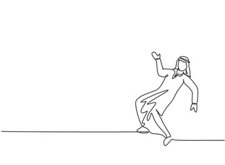 Poster - Single one line drawing of young Arabian business man dancing on the street. Happy with his business challenge minimal metaphor concept. Modern continuous line draw design graphic vector illustration