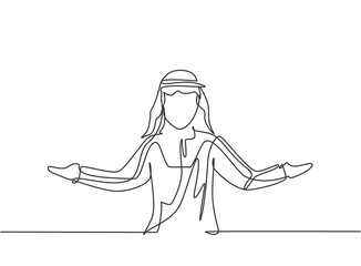 Poster - Continuous one line drawing young Arab male worker stretched out his arms. Business presentation to find out solution minimalist concept. Single line draw design vector graphic illustration.
