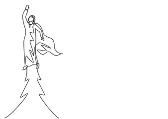 Poster - Single continuous line drawing young Arab business man flying high into the sky to reach big goals. Big vision of business target minimalist concept. One line draw graphic design vector illustration.