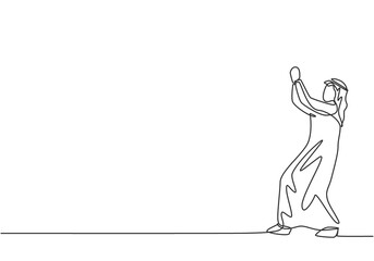 Poster - Single continuous line drawing young Arab business man praying to God. Hoping for the best target. Professional manager. Minimalism metaphor concept. One line draw graphic design vector illustration