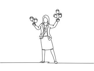 Poster - Continuous one line drawing young woman worker juggling alarm analog clock with his hand. Business time management discipline metaphor concept. Single line draw design vector graphic illustration.