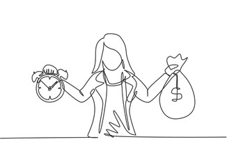 Poster - Single one line drawing of young business woman holding money bag and alarm clock with her hands. Minimalism metaphor business deadline concept. Continuous line draw design graphic vector illustration