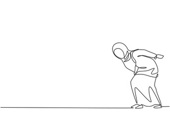 Poster - single one line drawing of young arabian business woman bent over because work overload. business ti