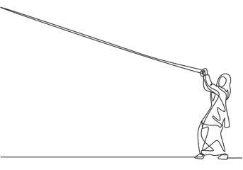 Poster - Continuous one line drawing young Arab female worker hanging on the rope to reach up her goals. Business challenge of entrepreneur concept. Single line draw design vector graphic illustration.