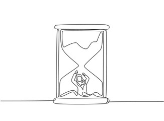 Poster - Single continuous line drawing young Arab business woman buried inside sandglass and asking for help. Minimalism metaphor business deadline concept. One line draw graphic design vector illustration.