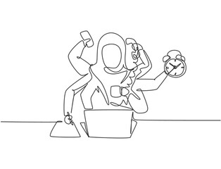 Poster - Continuous one line drawing young Arab female worker with holding telephone, alarm clock, paper. Business time discipline metaphor concept. Single line draw design vector graphic illustration.