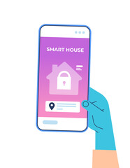Aufkleber - human hand using mobile app for smart house system control on smartphone screen technology and lifes