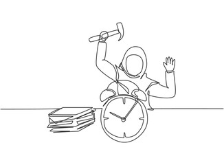Poster - Continuous one line drawing stressful young Arab female worker hit the alarm clock with hammer. Minimalism metaphor business deadline concept. Single line draw design vector graphic illustration.