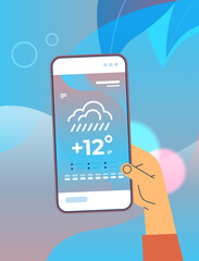 Poster - human hand holding smartphone with daily temperature mobile app weather forecasting and meteorology concept
