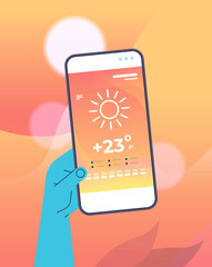 Poster - human hand holding smartphone with daily temperature mobile app weather forecasting and meteorology