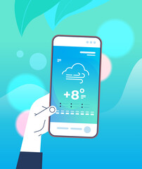 Poster - human hand holding smartphone with daily temperature mobile app weather forecasting and meteorology