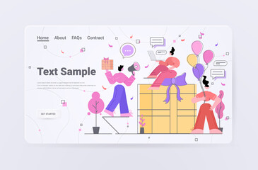 Poster - people with gifts and air balloons celebrating birthday party chat bubble communication concept hori