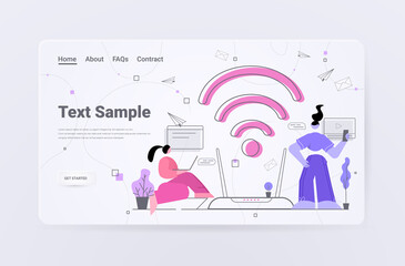 Poster - businesswomen using digital gadgets people surfing internet free wifi public access zone hotspot concept