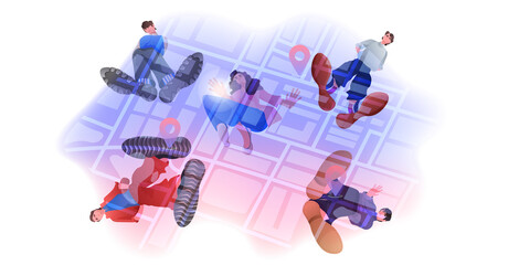 Poster - people standing on city map with gps pins geographic location navigation choice of travel journey planning