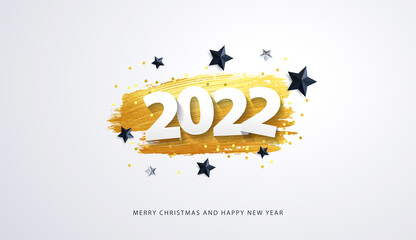 Happy New Year 2022. Vector holiday illustration of paper cut numbers 2022 with sparkling confetti, silver and black stars and golden stroke on white background. 2022 text design.	