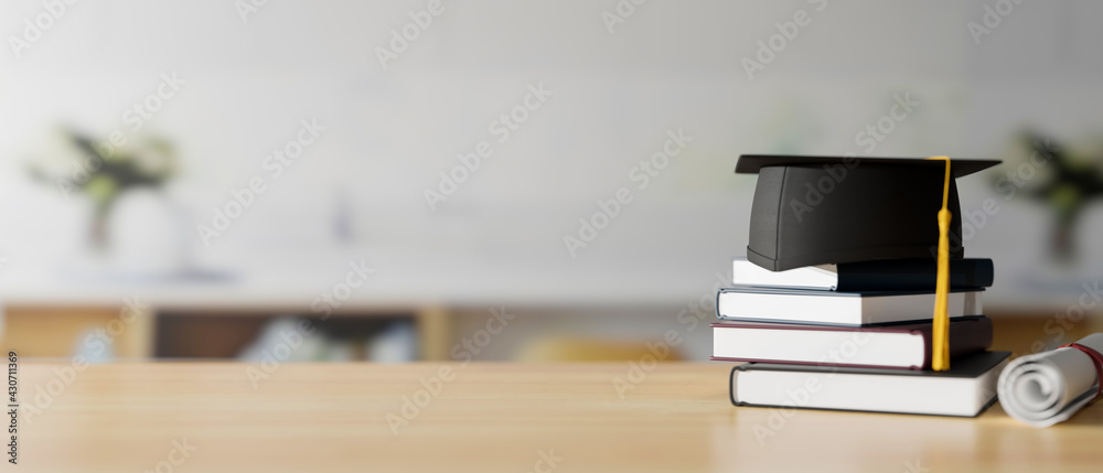 Graduation concept, 3D rendering, graduation cap on stack of books on the table with copy space and blurred background - obrazy, fototapety, plakaty 