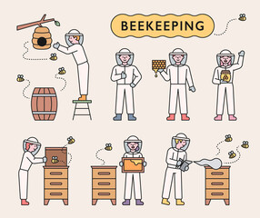 Poster - Beekeepers raise bees and collect honey. flat design style minimal vector illustration.