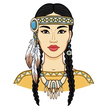Animation Portrait Of A Beautiful American Indian Woman In Ancient Head Dress. Color Drawing. Vector Illustration Isolated On A White Background. Print, Poster, T-shirt, Postcard.