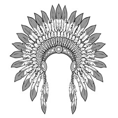 Linear monochrome drawing: ancient American Indian head dress.  Vector illustration isolated on a white background. Print, poster, T-shirt, postcard.