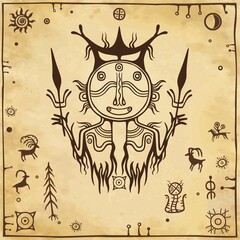 Animation image of ancient pagan deity. God of a rain and thunder. Rock painting. Symbols of wild animals, sun, wood. Background - imitation of old paper. Vector illustration. Print, poster, card.