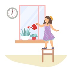 Wall Mural - Cute girl watering houseplants, helping parents with cleaning house, flat vector illustration. Kids household chores.