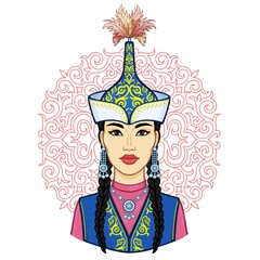 Wall Mural - Asian beauty. Animation portrait of a beautiful girl in ancient national cap and jewelry. Red ethnic pattern. Central Asia. Vector illustration isolated. Print, poster, t-shirt, card.